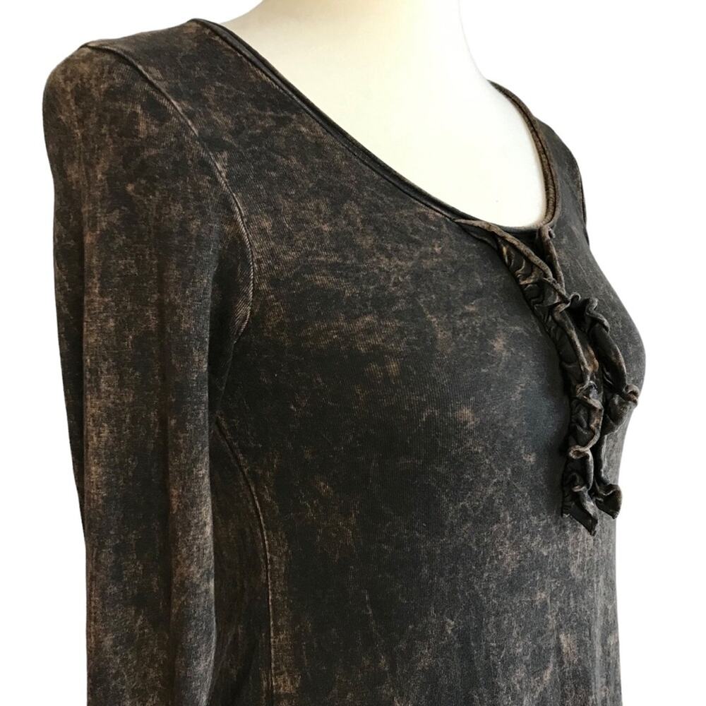 T Party Brown Stone Wash Burnout Long Sleeve Scoop Neck Fitted Tee-Shirt Small - Picture 5 of 13